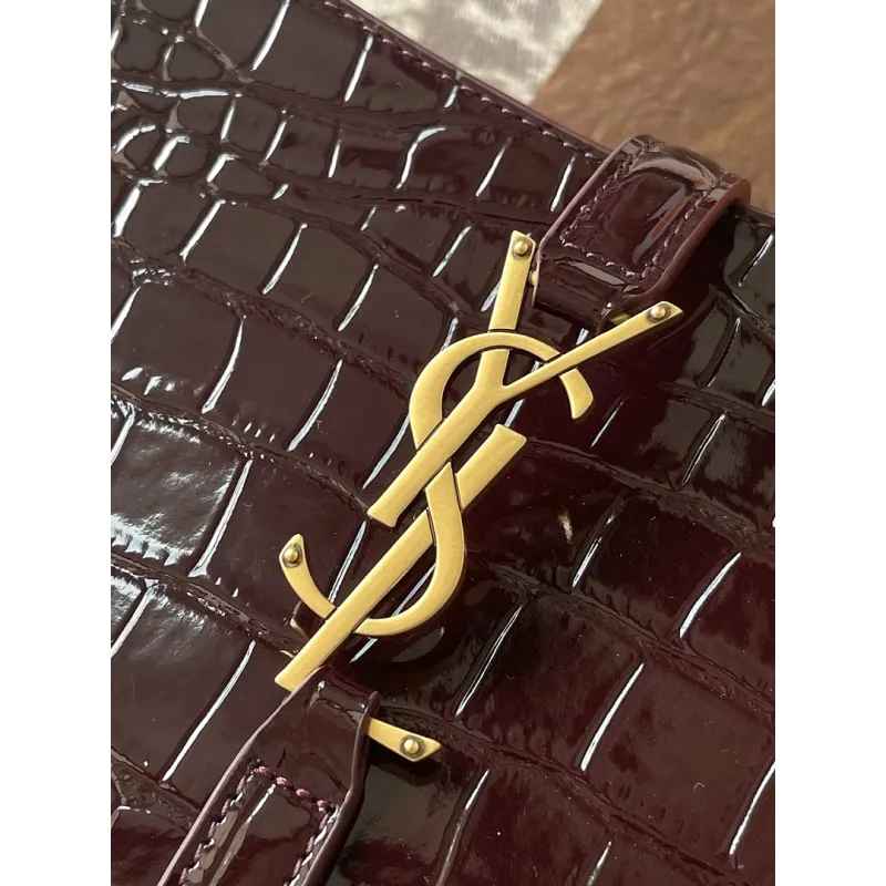 YSL Cléo 5 à 7 Glossy Croc Embossed Leather Underarm Bag Gold Logo Handbag #A65969