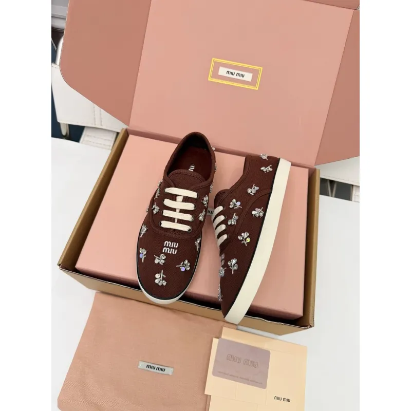 Miu Miu Womens Rhinestone Embroidered Canvas Sneakers #A66081
