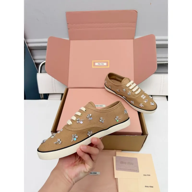 Miu Miu Womens Rhinestone Embroidered Canvas Sneakers #A66082