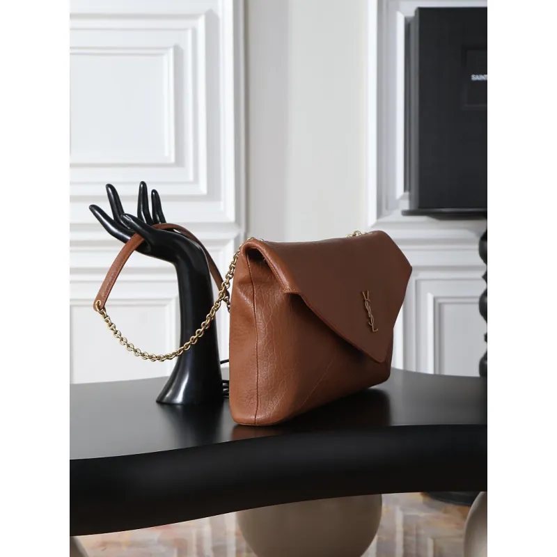YSL 841702 LE Envelope Brown Lambskin Chain Shoulder Crossbody Clutch Handbag #A65993