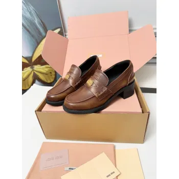 Miu Miu Womens Glossy Leather Chunky Heel Loafers #A66084