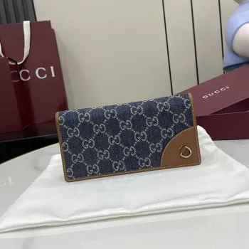 Gucci 821802 GG Denim Leather Trim Bi-fold Long Wallet Snap Card Holder Purse #A65973