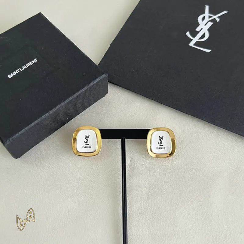 Saint Laurent White Mother Of Pearl Square Cassandre Logo Stud Earrings Gold Trim Designer Jewelry #A65954