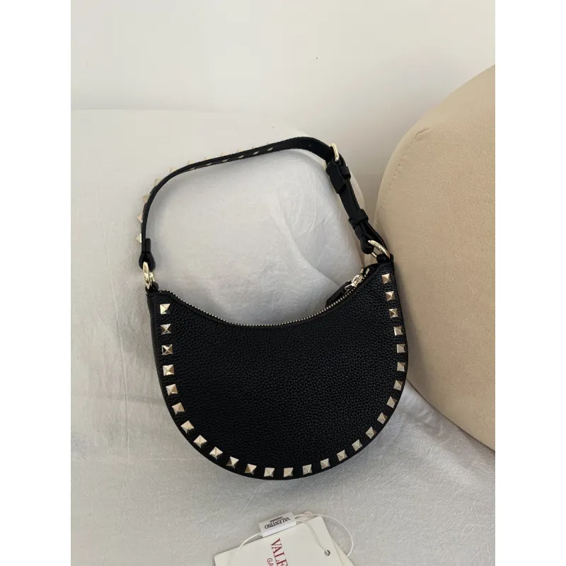 valentino Rockstud Grainy Leather Mini Hobo Shoulder Bag 20×12×4cm #A65018