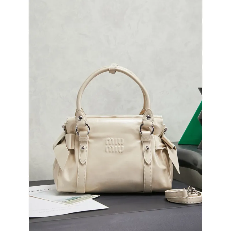 Miu Miu 5BA327 Glazed Leather Vintage Satchel Bag Removable Strap Top Handle Handbag #A65966 Miu Miu 5BA327 Glazed Leather Vintage Satchel Bag Removable Strap Top Handle Handbag #A65966