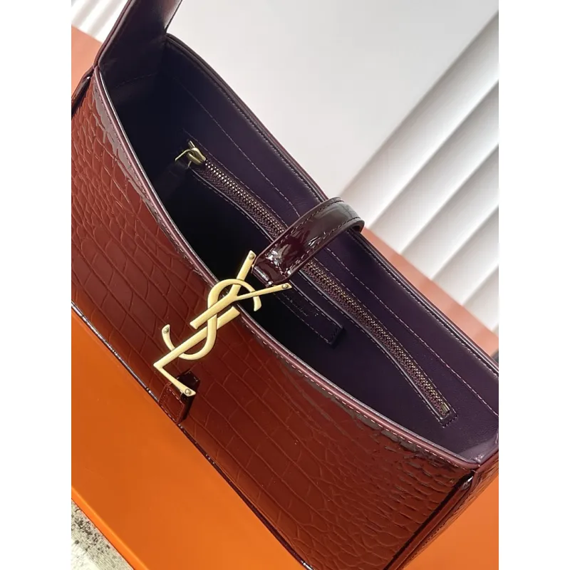 YSL Cléo 5 à 7 Glossy Croc Embossed Leather Underarm Bag Gold Logo Handbag #A65969