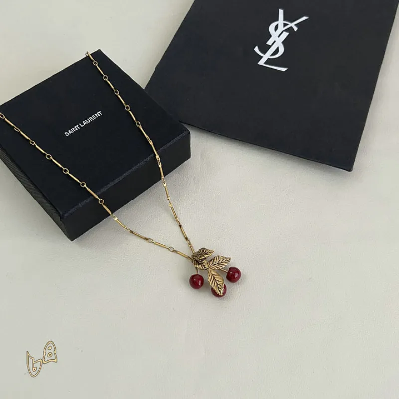 Saint Laurent Gold Cherry Pendant Necklace Designer Leaf Charm Women Jewelry #A65949 Saint Laurent Gold Cherry Pendant Necklace Designer Leaf Charm Women Jewelry #A65949