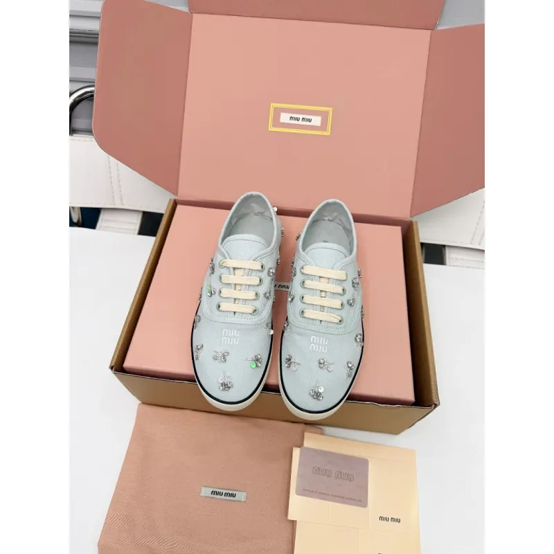Miu Miu Womens Rhinestone Embroidered Canvas Sneakers #A66083 Miu Miu Womens Rhinestone Embroidered Canvas Sneakers #A66083