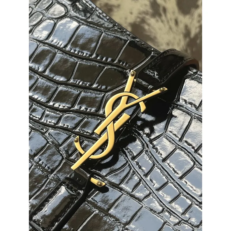 YSL Cléo 5 à 7 Glossy Croc Embossed Leather Underarm Bag Gold Logo Handbag #A65969