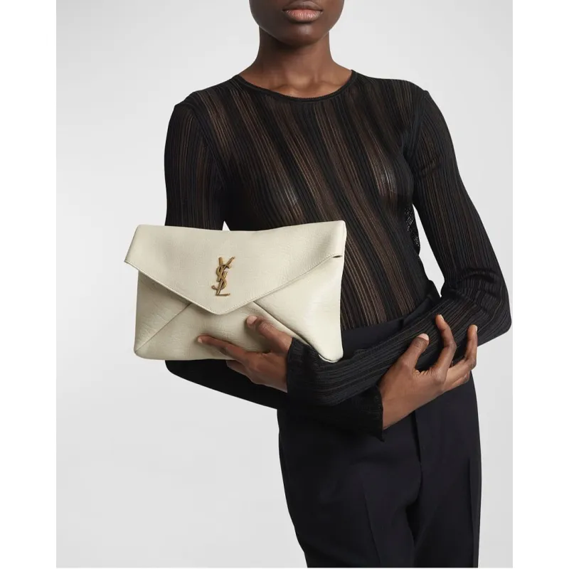 YSL 769307 LE Envelope Off-White Lambskin Fold Clutch Evening Handbag #A65995