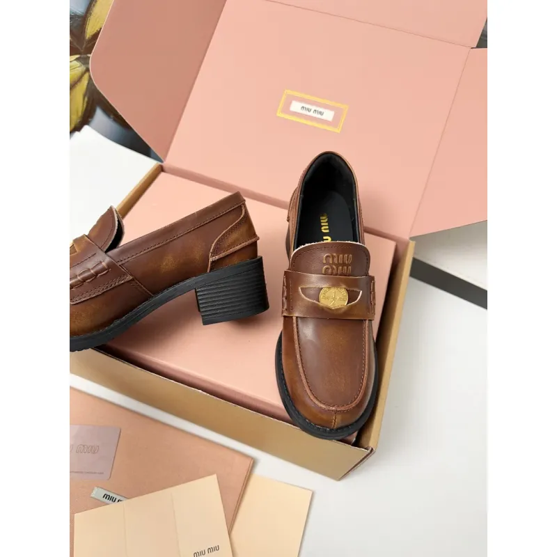 Miu Miu Womens Glossy Leather Chunky Heel Loafers #A66084