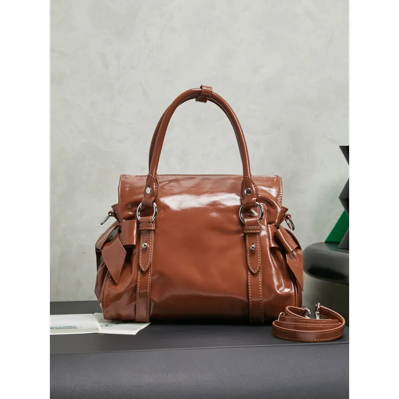 Miu Miu 5BA327 Glazed Leather Vintage Satchel Bag Removable Strap Top Handle Handbag #A65966 Miu Miu 5BA327 Glazed Leather Vintage Satchel Bag Removable Strap Top Handle Handbag #A65966