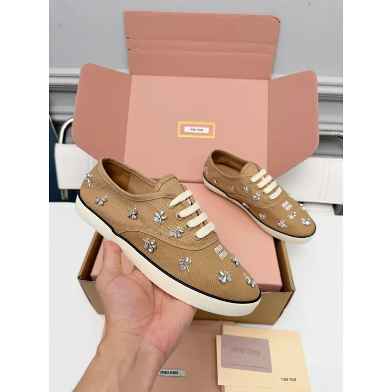 Miu Miu Womens Rhinestone Embroidered Canvas Sneakers #A66082