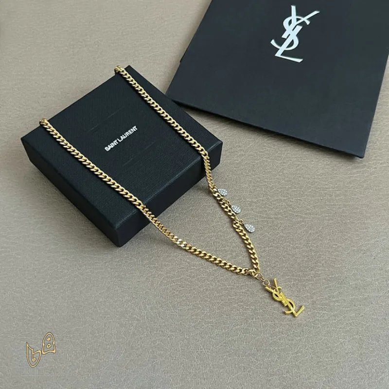 Saint Laurent Cassandre Logo Double Layer Pendant Necklace Gold Silver Designer Women Jewelry #A65951