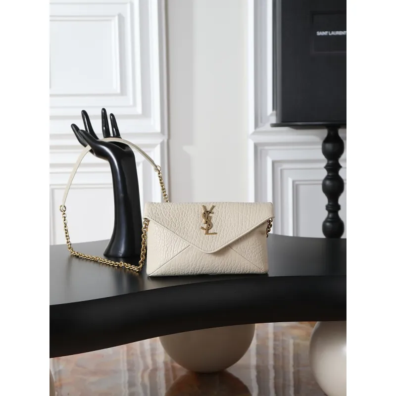 YSL 769307 LE Envelope Off-White Lambskin Fold Clutch Evening Handbag #A65995