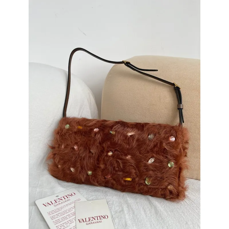 valentino 22117 26SS Faux Fur Crystal Embellished V Logo Underarm Shoulder Handbag #A65997