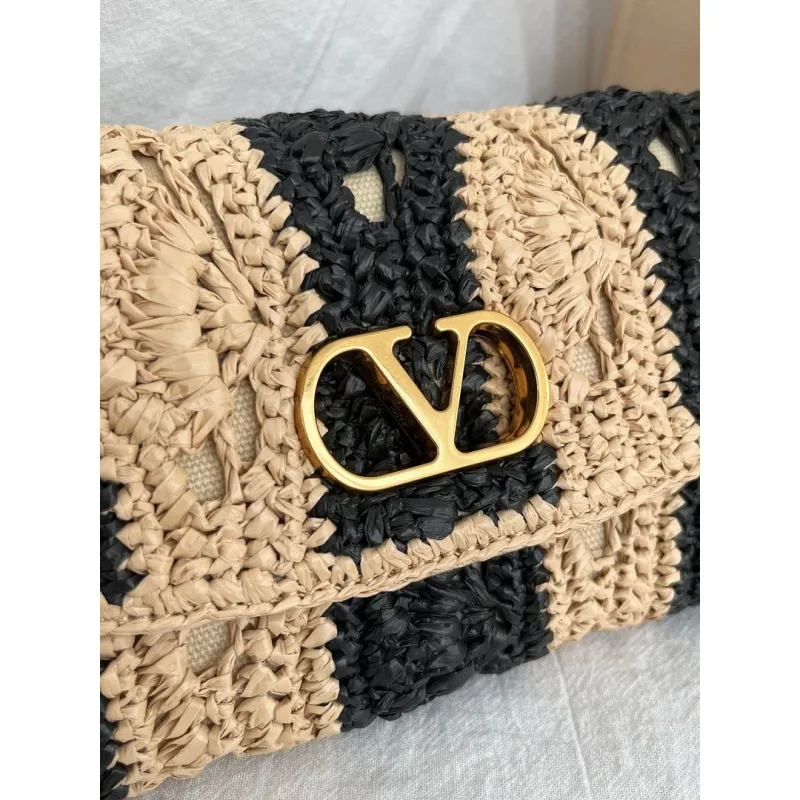 valentino 22116 Garavani Devain Black Beige Striped Raffia Shoulder Crossbody Handbag #A65998 valentino 22116 Garavani Devain Black Beige Striped Raffia Shoulder Crossbody Handbag #A65998