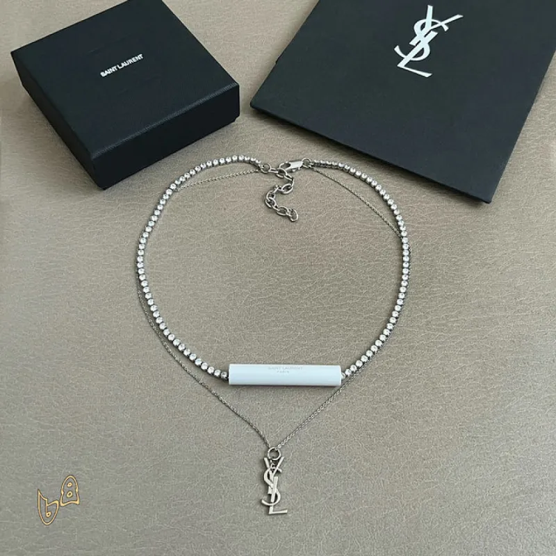 Saint Laurent Cassandre Logo Double Layer Pendant Necklace Gold Silver Designer Women Jewelry #A65951