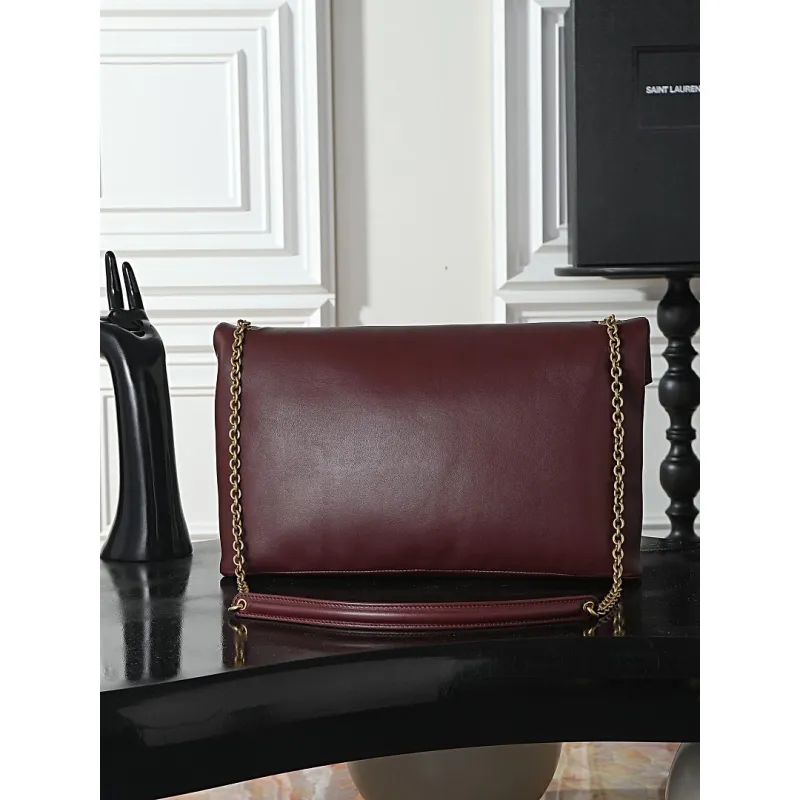 YSL 841702 LE Envelope Burgundy Lambskin Chain Shoulder Crossbody Evening Clutch Handbag #A65994