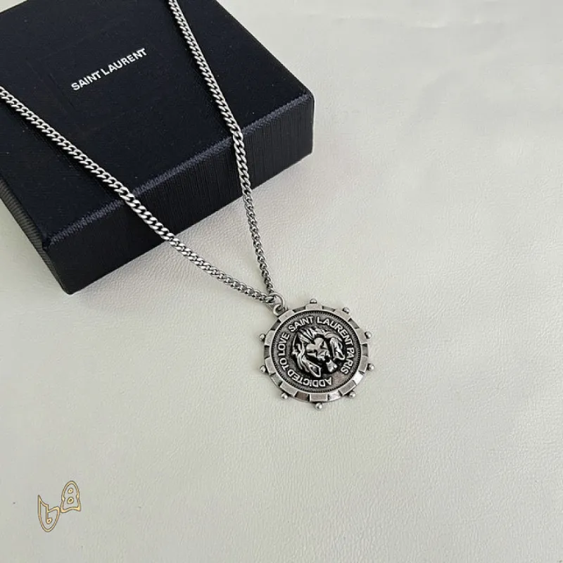 Saint Laurent Vintage Coin Pendant Necklace Anchor & Portrait Medallion Gold Silver Designer Jewelry #A65950 Saint Laurent Vintage Coin Pendant Necklace Anchor & Portrait Medallion Gold Silver Designer Jewelry #A65950