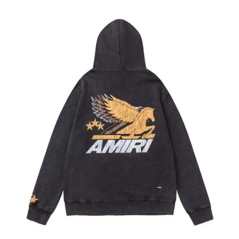 AMIRI Black Hoodie With Vintage Pegasus Graphic And Distressed Finish #A54435 AMIRI Black Hoodie With Vintage Pegasus Graphic And Distressed Finish #A54435