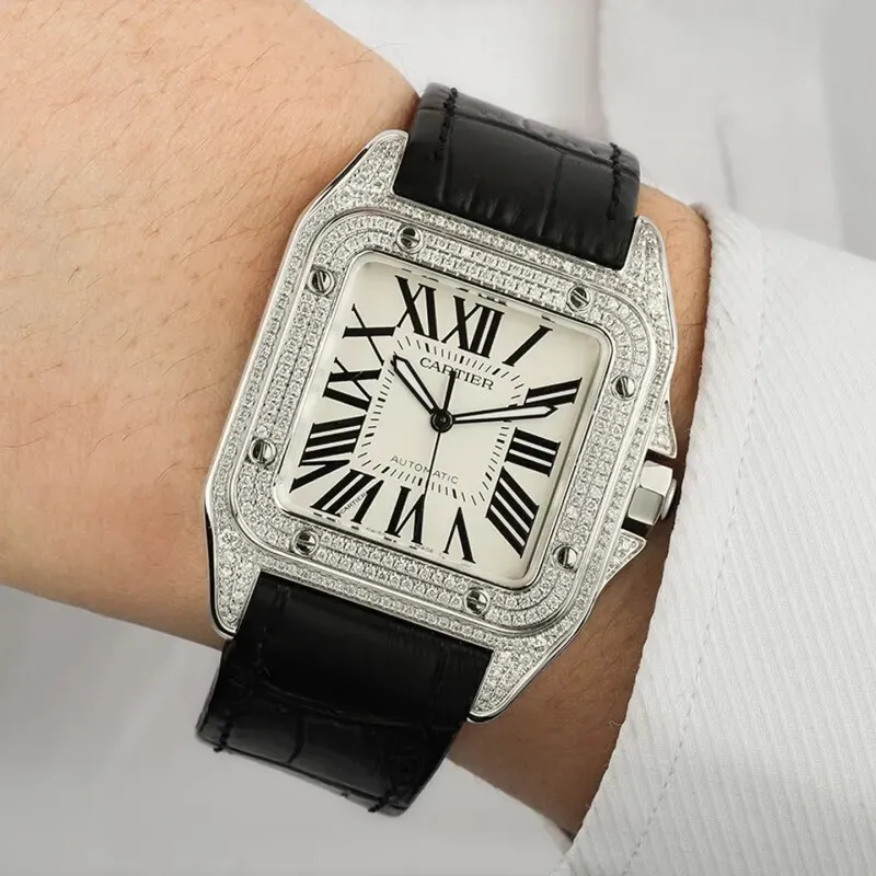 Cartier Santos Diamond Automatic Black Leather Watch 41mm #A65833