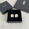 Saint Laurent White Mother Of Pearl Square Cassandre Logo Stud Earrings Gold Trim Designer Jewelry #A65954