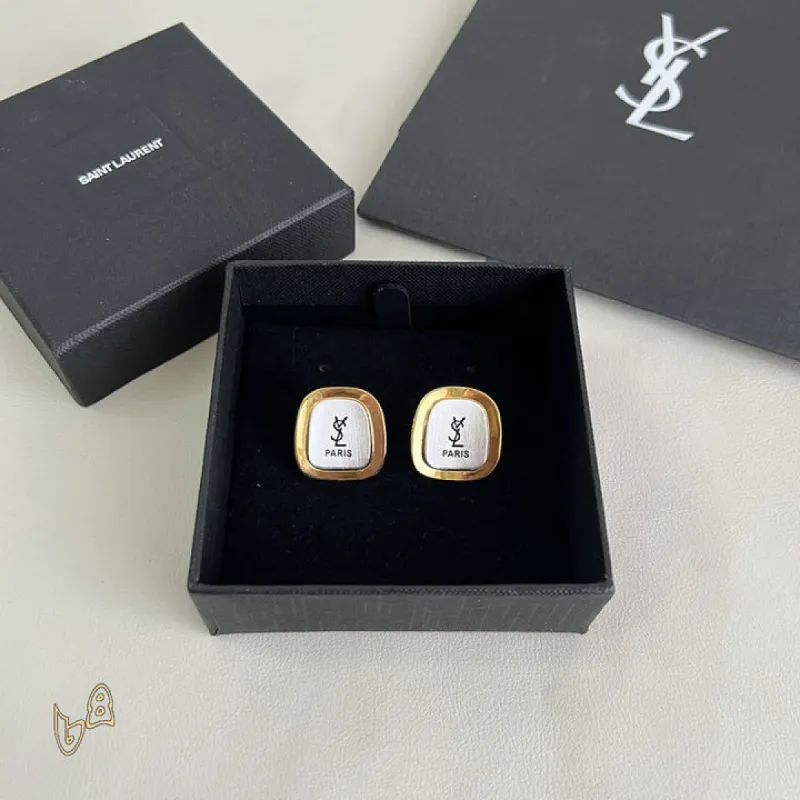 Saint Laurent White Mother Of Pearl Square Cassandre Logo Stud Earrings Gold Trim Designer Jewelry #A65954