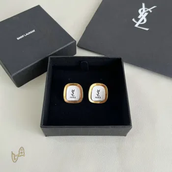 Saint Laurent White Mother Of Pearl Square Cassandre Logo Stud Earrings Gold Trim Designer Jewelry #A65954 Saint Laurent White Mother Of Pearl Square Cassandre Logo Stud Earrings Gold Trim Designer Jewelry #A65954