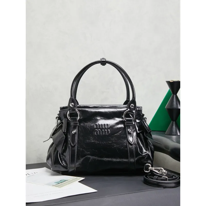 Miu Miu 5BA327 Glazed Leather Vintage Satchel Bag Removable Strap Top Handle Handbag #A65966 Miu Miu 5BA327 Glazed Leather Vintage Satchel Bag Removable Strap Top Handle Handbag #A65966