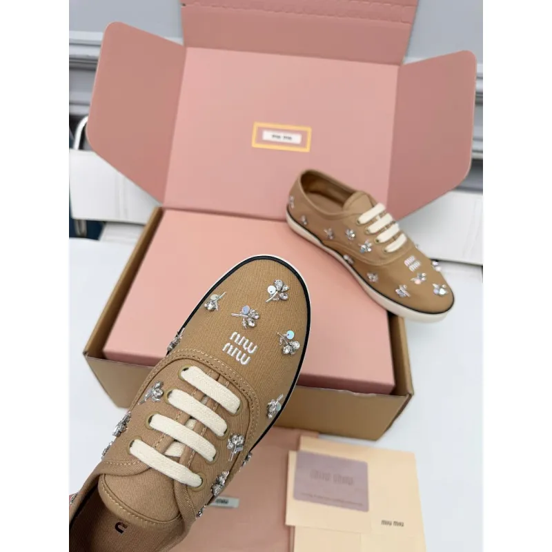 Miu Miu Womens Rhinestone Embroidered Canvas Sneakers #A66082