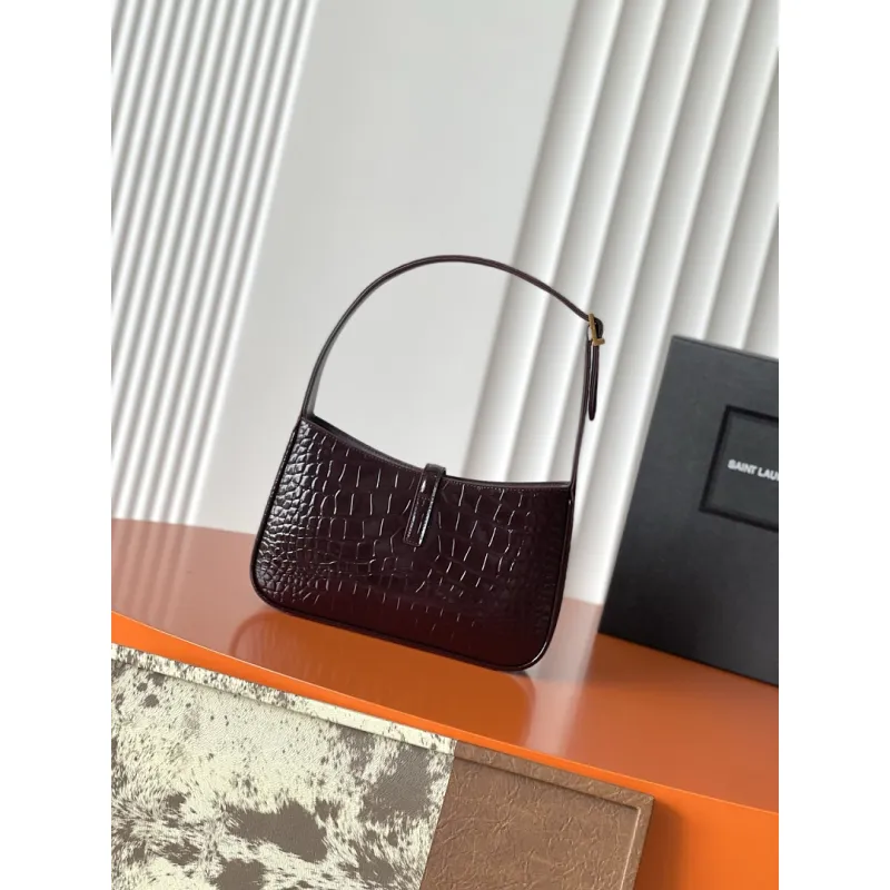 YSL Cléo 5 à 7 Glossy Croc Embossed Leather Underarm Bag Gold Logo Handbag #A65969