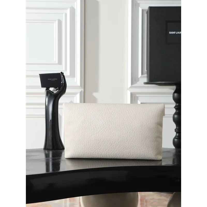 YSL 769307 LE Envelope Off-White Lambskin Fold Clutch Evening Handbag #A65995