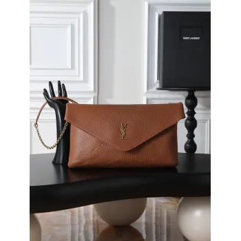 YSL 841702 LE Envelope Brown Lambskin Chain Shoulder Crossbody Clutch Handbag #A65993