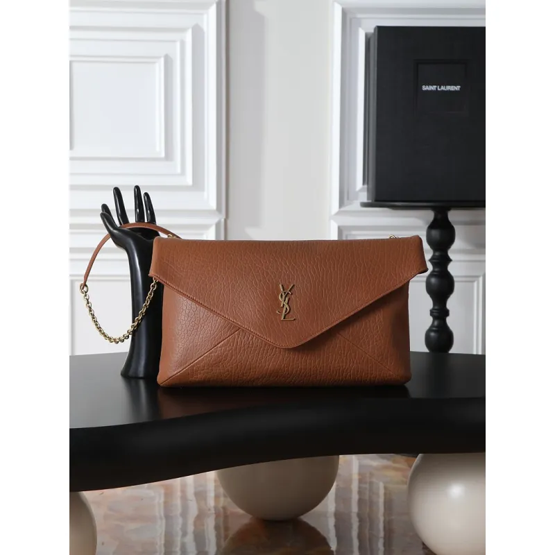 YSL 841702 LE Envelope Brown Lambskin Chain Shoulder Crossbody Clutch Handbag #A65993