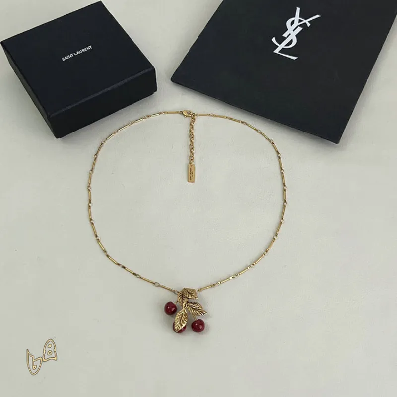 Saint Laurent Gold Cherry Pendant Necklace Designer Leaf Charm Women Jewelry #A65949 Saint Laurent Gold Cherry Pendant Necklace Designer Leaf Charm Women Jewelry #A65949