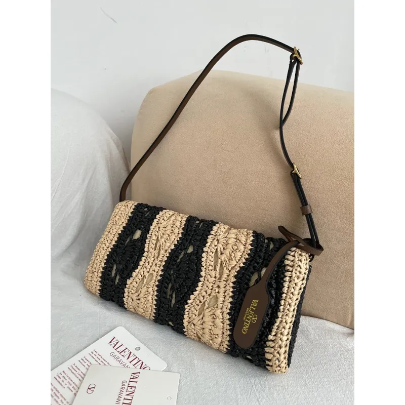 valentino 22116 Garavani Devain Black Beige Striped Raffia Shoulder Crossbody Handbag #A65998 valentino 22116 Garavani Devain Black Beige Striped Raffia Shoulder Crossbody Handbag #A65998