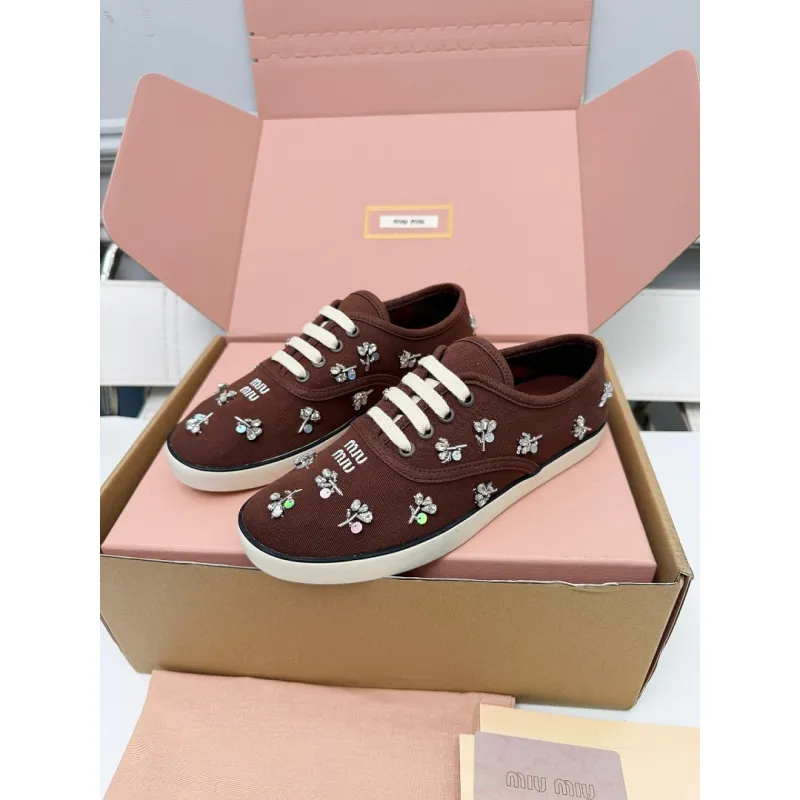 Miu Miu Womens Rhinestone Embroidered Canvas Sneakers #A66081
