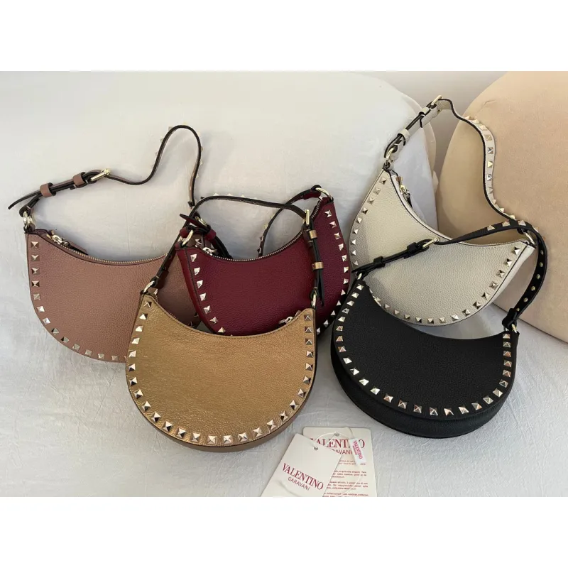 valentino Rockstud Grainy Leather Mini Hobo Shoulder Bag 20×12×4cm #A65018