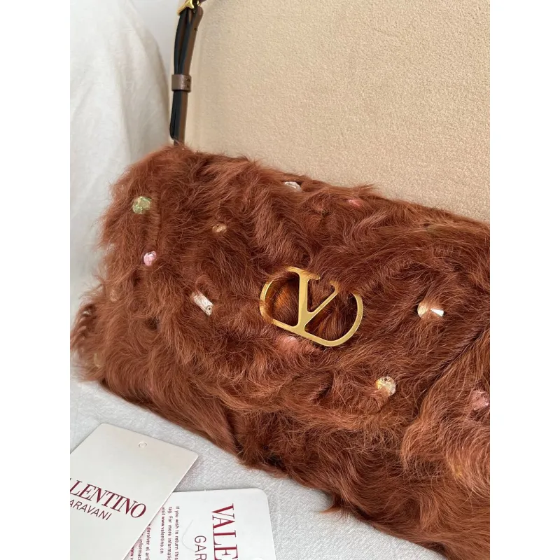 valentino 22117 26SS Faux Fur Crystal Embellished V Logo Underarm Shoulder Handbag #A65997