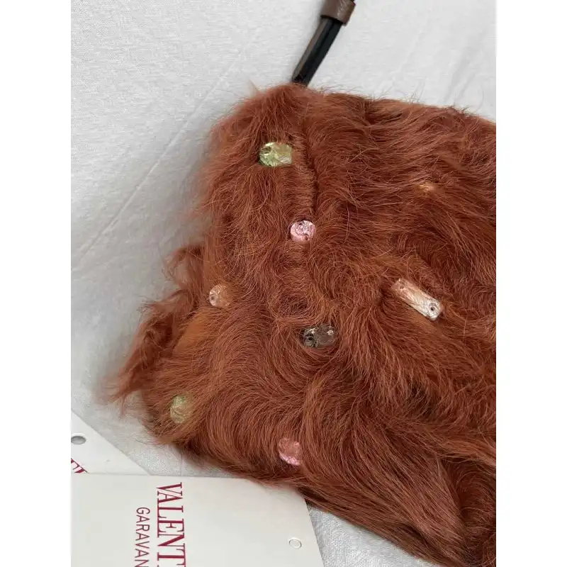 valentino 22117 26SS Faux Fur Crystal Embellished V Logo Underarm Shoulder Handbag #A65997