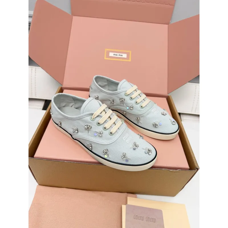 Miu Miu Womens Rhinestone Embroidered Canvas Sneakers #A66083 Miu Miu Womens Rhinestone Embroidered Canvas Sneakers #A66083