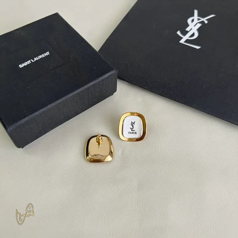 Saint Laurent White Mother Of Pearl Square Cassandre Logo Stud Earrings Gold Trim Designer Jewelry #A65954