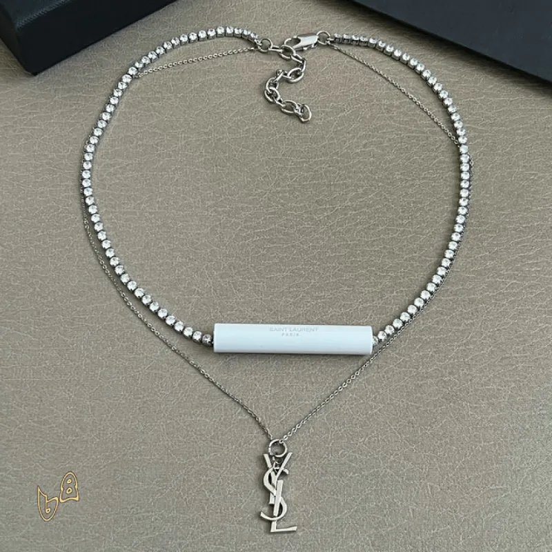 Saint Laurent Cassandre Logo Double Layer Pendant Necklace Gold Silver Designer Women Jewelry #A65951