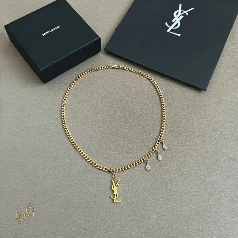 Saint Laurent Cassandre Logo Double Layer Pendant Necklace Gold Silver Designer Women Jewelry #A65951
