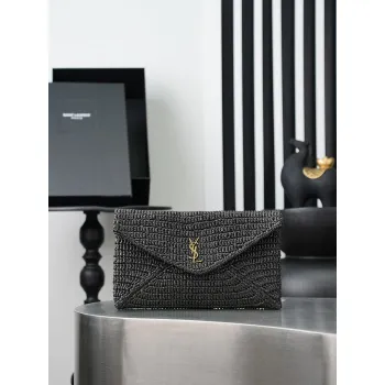 YSL 769307 LE Envelope Black Woven Textile Clutch Evening Handbag #A65996