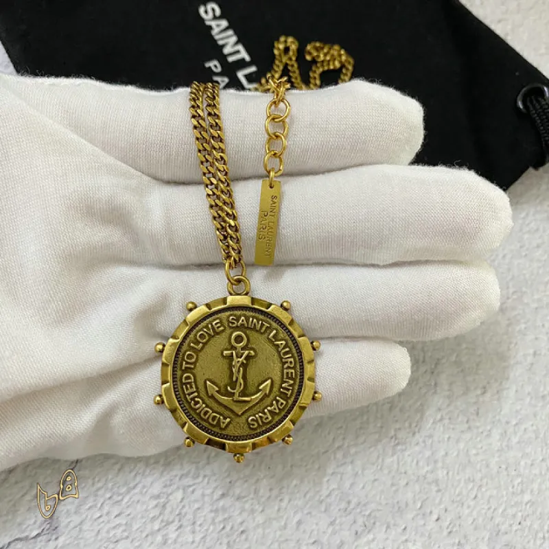 Saint Laurent Vintage Coin Pendant Necklace Anchor & Portrait Medallion Gold Silver Designer Jewelry #A65950 Saint Laurent Vintage Coin Pendant Necklace Anchor & Portrait Medallion Gold Silver Designer Jewelry #A65950